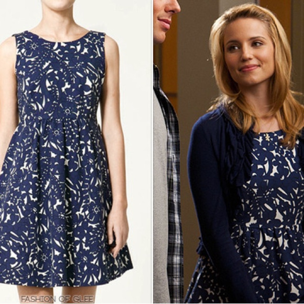 Zara Navy and White Floral Fit & Flare Dress ASO Glee
